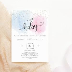 Gender Reveal Invitation Printable DIY Editable Pastel Blue and Pink Smoke Baby Sex Reveal Party Invite Template with Gold, Download P16