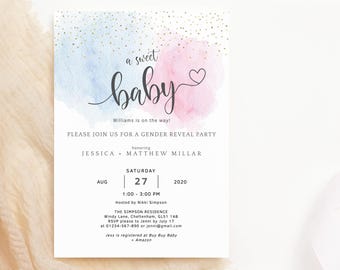 Gender Reveal Invitation Printable DIY Editable Pastel Blue and Pink Smoke Baby Sex Reveal Party Invite Template with Gold, Download P16