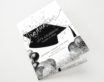 Black Silver Graduation Program Editable Template Men or Ladies Programs Printable Balloons Decor Digital Download Folding Booklet P251