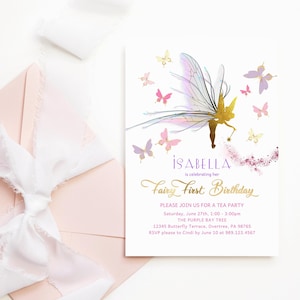 Fairy First Birthday Invitation Template, Girl&#39;s Butterfly Party Invite Printable, Pastel Pink Purple Gold Decor, Editable Download P376