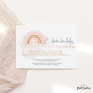 Livres bohèmes pour bébé carte modèle baby shower arc-en-ciel pour filles, rose pastel Apportez un livre Invitation insérer imprimable modifiable téléchargement P136