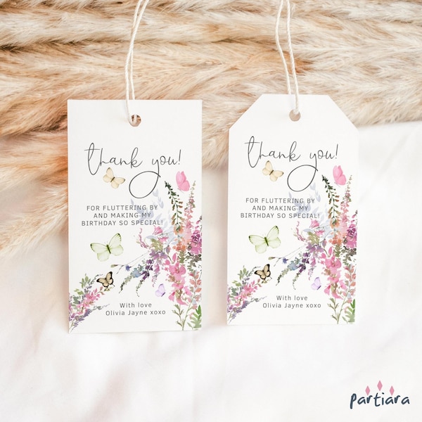 Butterfly Floral Birthday Favor Tags Printable Girl Baby Shower Party Thank You Gift Labels Editable Pastel Wildflowers Decor Template P256