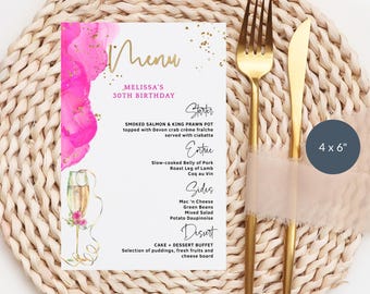 Ladies Birthday Menu Hot Pink Party Template, Brunch Lunch or Dinner Party Table Menus Printable, Editable Events Decor Download P200