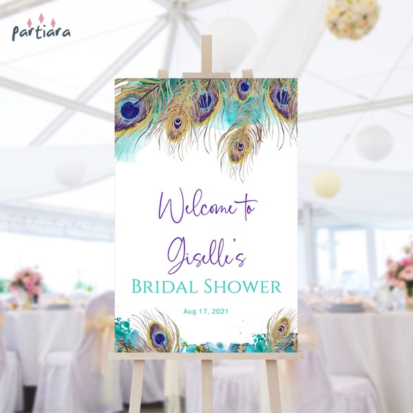 Peacock Feathers Welcome Sign Editable Bridal Shower, Adult Birthday, Engagement, Garden Party Welcome Poster Decor DIY Printable P83