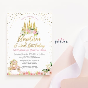 Invito per battesimo principessa, modello per il secondo compleanno, invito stampabile per festa a tema castello da favola, biglietto d'invito per bambine con fiori rosa e oro, modificabile P137