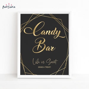 Candy Bar Sign Printable, Ladies Birthday Table Poster Template, Black Gold Events Decor, Editable Digital Download P86