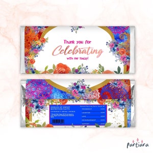 Etichette per barrette di caramelle Paisley, bomboniere di cioccolato per feste di compleanno a tema indiano stampabili, decorazioni per brunch per addio al nubilato marocchino modello modificabile P808