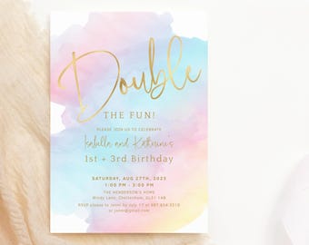 Twin Birthday Invitation for Girls: Rainbow Party Invite Double the Fun (Editable Download) P179