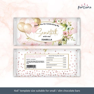 Ladies Birthday Candy Bar Wrap Printable Girl 1st Birthday Chocolate Wrapper Editable Template Blush Pink Rose Gold Floral Balloons P10 P382