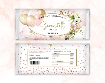 Ladies Birthday Candy Bar Wrap Printable Girl 1st Birthday Chocolate Wrapper Editable Template Blush Pink Rose Gold Floral Balloons P10 P382