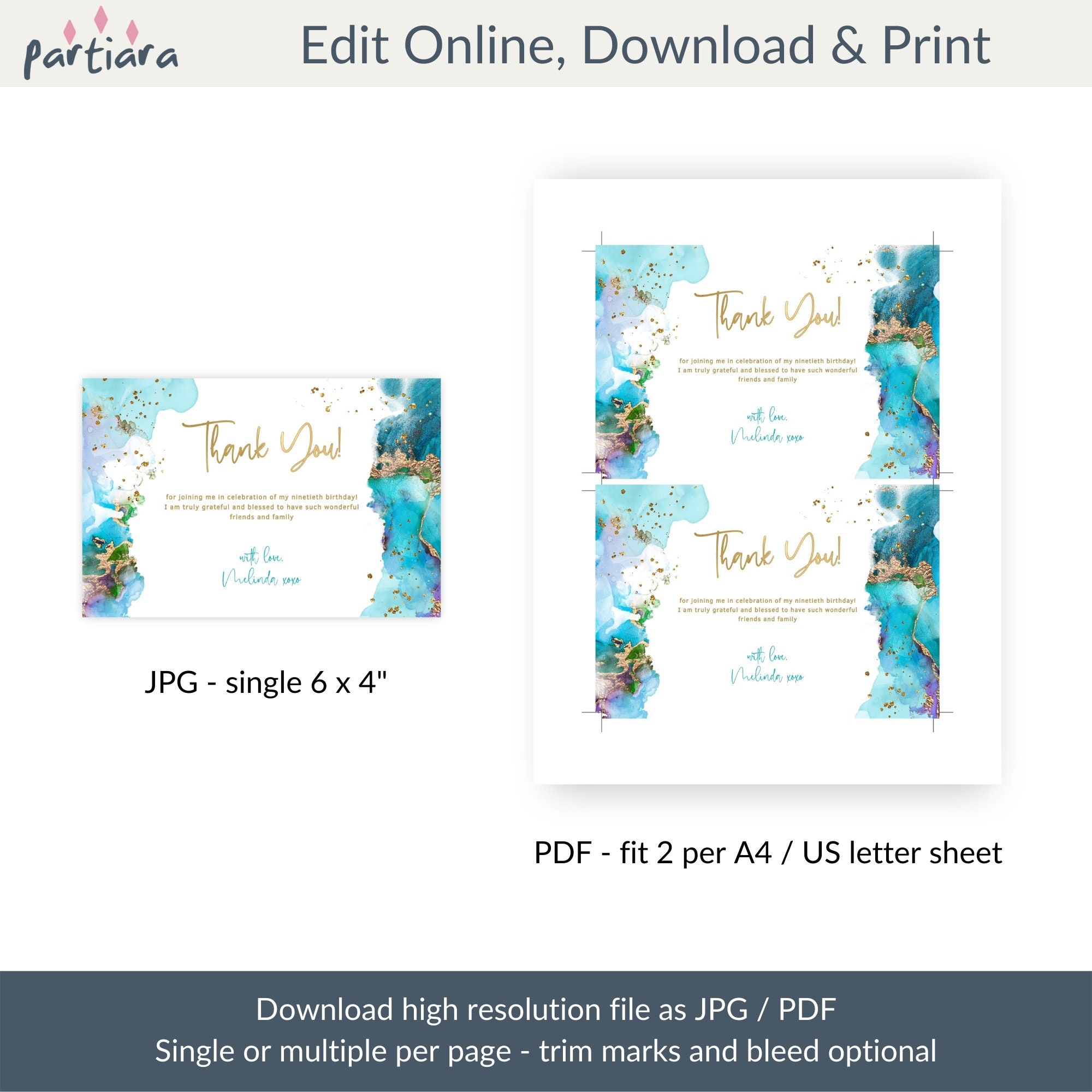 Teal Blue Gold Thank You Birthday Card Printable Men or Ladies - Etsy ...