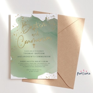 May include: Green and gold watercolor invitation for a baptism and communion. The invitation features the text "Baptism and Communion" in gold script with a gold cross. The text also includes the names "Thomas' Baptism and Andrew's Communion", the date "Sunday, Aug 27th, 2023 at 11:00 AM", the location "St. Mary's Church, Windy Lane, Cheltenham GL51 1AB", and the reception details.
