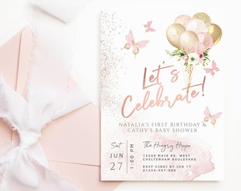 Editable Birthday Invitation Let's Celebrate Template: Rose Gold Pink Balloons (Digital Download) P382