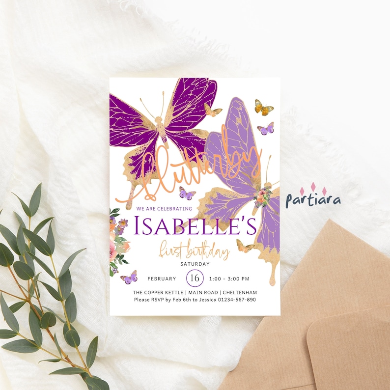Lavender Butterfly Birthday Invite Girl Flutterby Floral Tea Party Invitations Printable Purple Gold Editable Digital