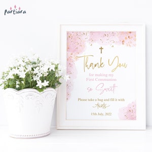 Communion Thank You Favor Table Sign Printable, Girls Pastel Pink Gold First Holy Communion Table Poster Decor Editable Template P364