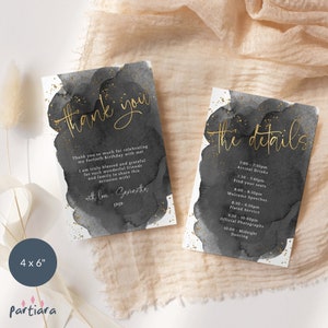 Birthday Program Template with Thank You Card, Mens Black Gold Dinner Party Table Place Setting Printable Editable Download P268