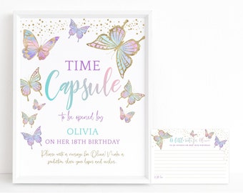 Girl 1st Birthday Butterfly Time Capsule Printable Keepsake Wishes Notecards Editable Template Download Pastel Pink Lilac Gold Decor P87