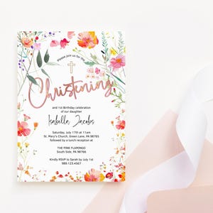 Faire-part de baptême fleurs sauvages, 1er anniversaire des filles, invitation à une fête conjointe, carte florale orange rose et imprimable, modèle numérique modifiable P890