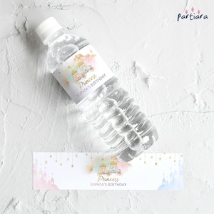 Princess Water Bottle Labels, Once Upon a Time Birthday Party Favors Label Printable, Pastel Fairytale Castles and Carriages, Editable P137