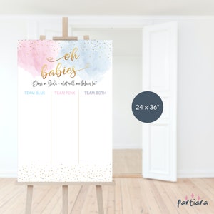 Twins Gender Reveal Boy Girl Voting Sign Baby Smoke Clouds Pastel Blue and Pink Teams Ballot Poster Printable Editable Digital Download P16