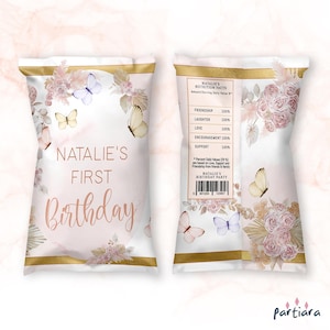 Modelo de saco de salgadinhos de aniversário boho, etiquetas para meninas de 1º aniversário para impressão, decoração floral rosa pastel de pampas, download digital editável P171