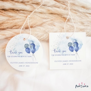 Baptism Thank You Tags, Blue Silver Favor Gifts Tag Printable Boy 1st Birthday Christening Party, Editable Digital Download Template P291