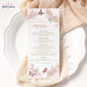 Mädchen Schmetterling Menü Karte Baby Schmetterlinge Shower Party Tisch Menüs Printable Boho Pampas Floral Blush Pink Rose Gold Decor Bearbeitbar P171