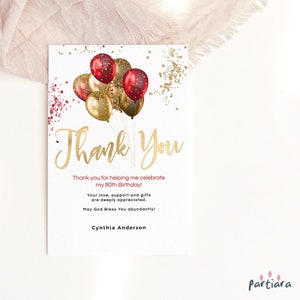 Modèle de carte de remerciement modifiable pour dames anniversaire dîner table de remerciements modèle ballons or rouge 70e 80e 90e Decor imprimable P216