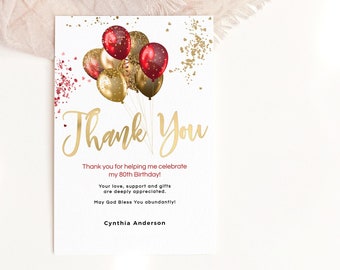 Editable Thank You Card Ladies Birthday Dinner Party Table Thankyou Notecard Template Red Gold Balloons 70th 80th 90th Decor Printable P216