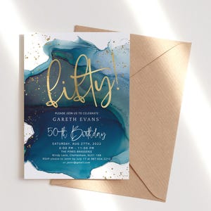 Teal 50th Birthday Invitation Digital Download Blue Gold Fiftieth Party Invites Editable Him or Her Green Surprise Invite Printable P231
