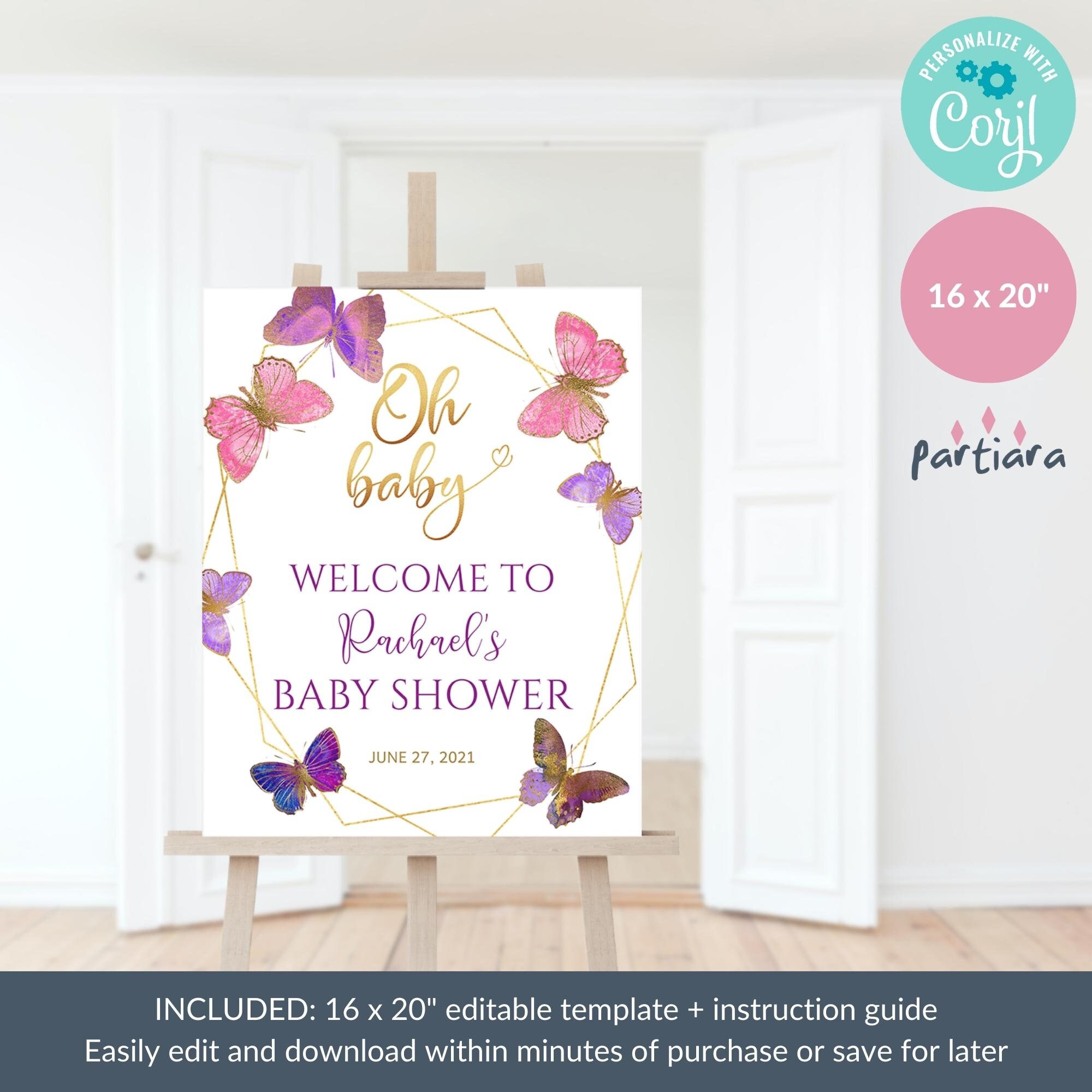 Butterfly Welcome Sign Girl Baby Shower Party Welcome Poster Board 24x36  Printable Butterflies Birthday Decor Purple Pink Lilac Gold P8 -  Israel