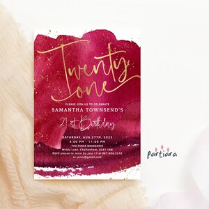 Faire-part d'anniversaire rouge 21e fête imprimable pour les filles, carte d'invitation pour un dîner de vingt et un, modèle en téléchargement numérique modifiable P362