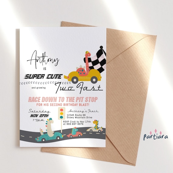 Two Fast Invitation 2nd Birthday Template for Boys: Dinosaur and Racing Cars Printable P54