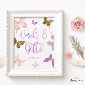 Schmetterling Babyshower Geschenk Tischschild, Karten und Geschenke rosa lila Poster Dekor druckbar, Mädchen 1. Geburtstagsfeier, editierbarer Download P345