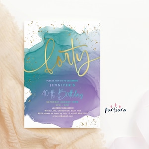 40. Geburtstagseinladungsvorlage, Damen Lila Teal Gold Dinner Party Laden Druckbare Bearbeitbare Digital Download Karte P550 ein