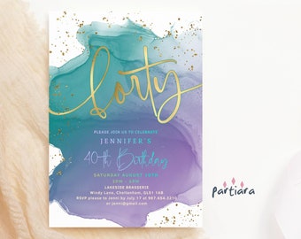Editable 40th Birthday Invitation Ladies Printable Dinner Drinks Lunch or Brunch Party Invite Template Purple Teal Gold Decor Download P550