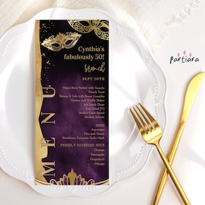 Masquerade Menu Template, Mardi Gras Menu Card, Birthday Dinner Masquerade Ball Menus, Royal Purple Gold Decor Printable, Editable P194