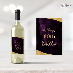 Purple Gold Birthday Wine Labels Personalized Editable Digital Download Template Men or Ladies Royal Dinner Party Decor Printable P194