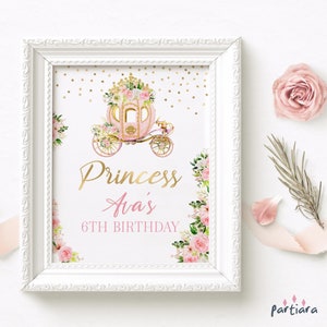 Princess Birthday Table Sign, Fairytale Carriage Poster Printable, Girls Royal Baby Shower Pink Floral Decor, Editable Download P137