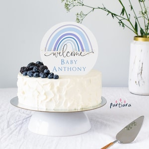Modèle de décoration de pièce maîtresse de gâteau arc-en-ciel bohème, gâteau de couches pour shower de bébé garçons imprimable, déco bleu pastel, téléchargement numérique modifiable P136