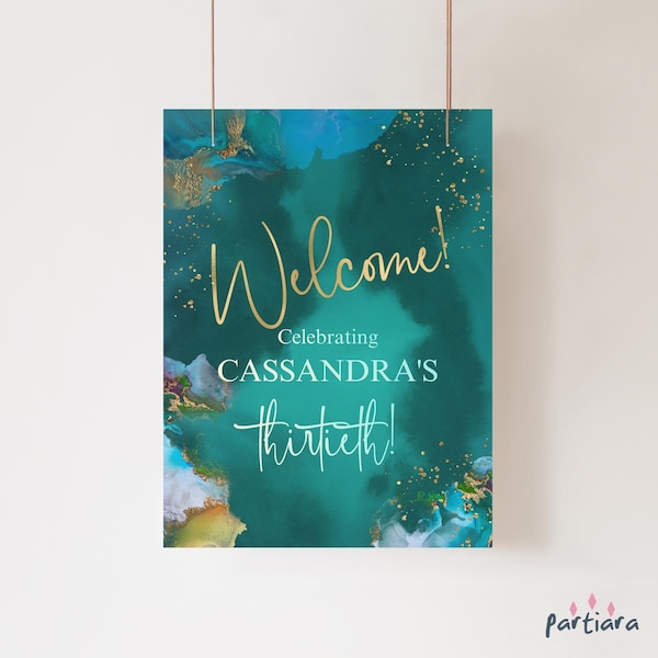 Green Gold Birthday Welcome Sign Printable Emerald Teal Blue Beach Party Poster Decor Ladies Retirement Event Board Download P132 P308