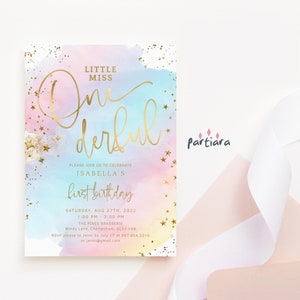 Invitación para el primer cumpleaños de Miss Onederful, invitación para el primer cumpleaños en tonos pastel, imprimible para niñas, tarjeta con arcoíris mágico, plantilla editable P179