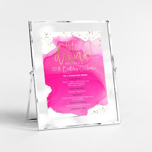 Modelo editável de menu de bebidas rosa choque e dourado, menus de bar de bebidas exclusivos para noite das mulheres, decoração para festa de aniversário e chá de panela P200