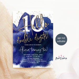 Blaue Einladung zum 10. Geburtstag Party Printable, Hallo lädt ein, Navy Gold Decor, Junge oder Mädchen bearbeitbarer digitaler Download P627