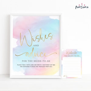 Bridal Shower Wishes and Advice Rainbow Printable Pastel Ombre Sky Decor Party Table Poster and Notecards Editable Digital Download P179