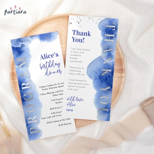 Cartões de programa de aniversário editáveis, modelo de cartão de boas-vindas para mesa de agradecimento, decoração em azul royal e prata para homens, download digital para impressão P237