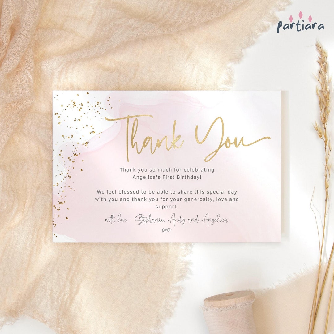Pastel Blush Pink Gold Thank You Card Birthday Party Notecard Editable ...