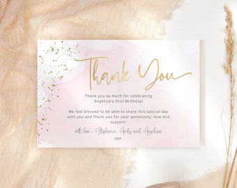 Pastel Blush Pink Gold Thank You Card Birthday Party Notecard Editable Digital Download Template for Teens Girls Ladies Party Printable P458