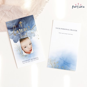 Memorial gebedskaart bewerkbare fotosjabloon baby jongens heren herdenkingskaarten afdrukbare marineblauw gouden decor digitale download P132 P239