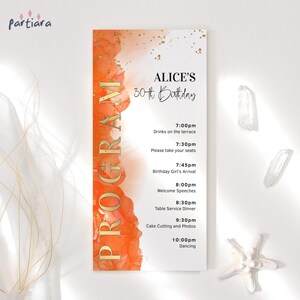 Modello di scheda programma modificabile Arancione Oro Compleanno Cena Tavoli Decorazione Stampabile Uomini o Donne Autunno Decorazione Modificabile Scarica P515